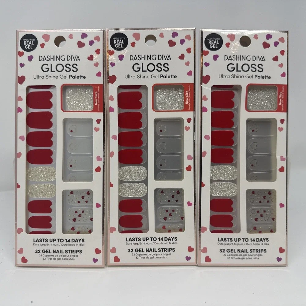 Dashing Diva Gloss Salon Gel Nail Strips 3 Pc Lot Hearts Red Glitter 32 Ct New